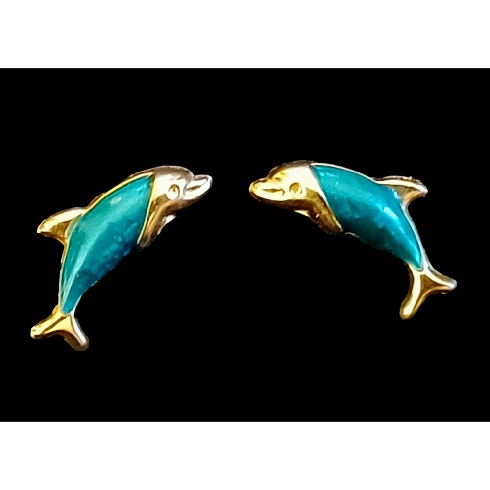 JCM 14k Solid Gold Blue Green Enamel Dolphin .5" Stud Earrings